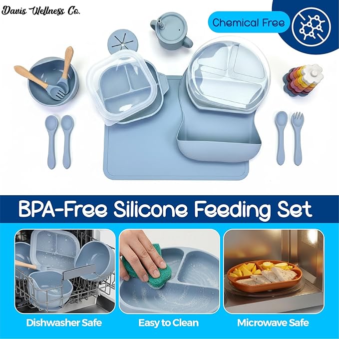 No-Mess Baby Feeding Set — Strong Suction Bowls + Soft Spoons (8-Piece) (Blue)