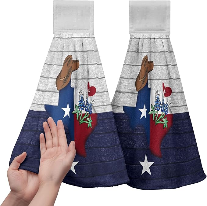 Texas Hanging Kitchen Towels Bluebonnet Navy Blue Gray Hand Tie Towel Texas Stars Dish Towels with Hanging Loop Soft Seasonal Decoration for Bathroom Kitchen