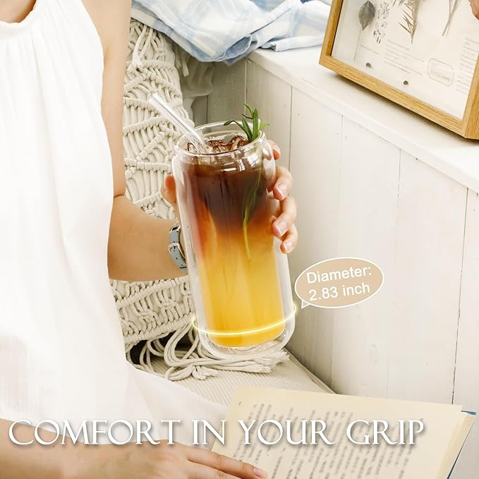 LIBWYS 16oz Double Wall Drinking Glass Cups with Bamboo Lids and Straws, 2 Pc Set – Condensation Resistant Insulated Glass Can Tumblers for Cold Drinks, Iced Coffee, Tea, Juice, Cleaning Brush