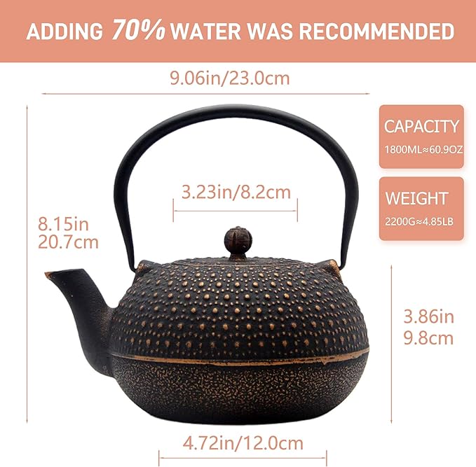 YJX 60.9oz Large Cast Iron Teapot for Stovetop Safe, 6 Cup Tea Kettle, Japanese Tetsubin, Teapot with Stainless Steel Infuser for Loose Tea, Tea Pot Enameled Interior (1.7QT/1.8L)