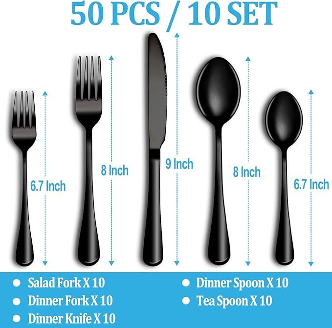 50 Pcs Black Silverware Set, Stainless Steel Flatware Set Service for 10, Mirror Polished Cutlery Utensil Sets, Durable Home Kitchen Eating Tableware Sets, Include Fork Knife Spoon, Dishwasher Safe