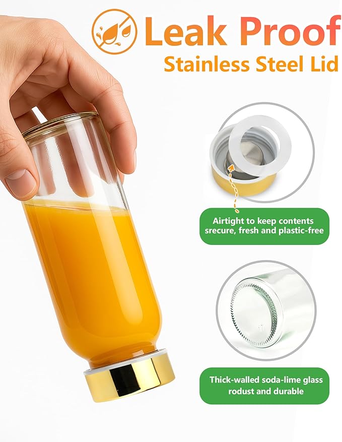 Zukro Glass Water Bottles with Gold Lids 10.5 oz, 6 Pack Clear Reusable Glass Small Juice Bottles for Juicing, Milk, Ginger Shot, Stainless Steel Cap, BPA-Free Leak Proof 300ml Drinking Container Jar