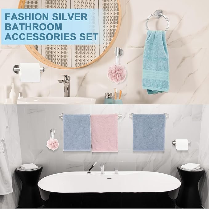 Gisafai 20 Pcs Bathroom Hardware Set, 23.6 Inch Brushed Towel Bar Ring Toilet Paper Holder Robe Towel Hook, Sus304 Stainless Steel Bathroom Accessory Set Wall Mounted (Silver)