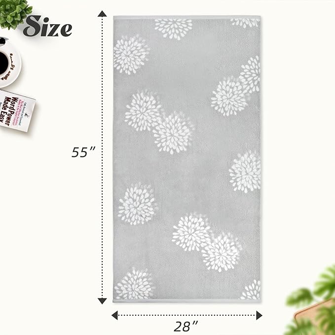 Cute Bath Towels Set of 2 (Light Grey) - Large 55” x 28”, Decorative Hydrangea Floral Jacquard, Guest Room & Bathroom Decor, Cotton