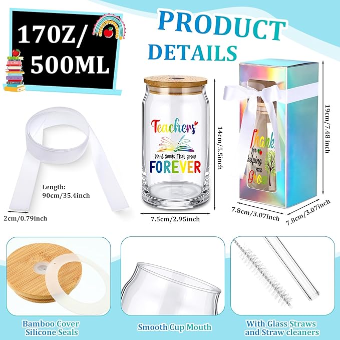 Layhit 12 Set Teacher Appreciation Gifts Glass Cups for Women Men 16 oz Thank You Drinking Cups for Teachers School Staff Can Shaped Glass with Lids Straws and Gift Boxes for Thanksgiving Christmas