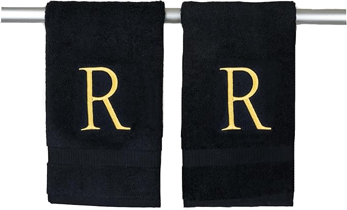 Gold and Black Monogrammed Hand Towel - Monogram Initial Hotel Quality Decorative Embroidered Luxury Towel for Powder Room, Spa - GOTS Organic Certified - Pack of 2, Letter R