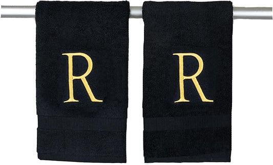 Gold and Black Monogrammed Hand Towel - Monogram Initial Hotel Quality Decorative Embroidered Luxury Towel for Powder Room, Spa - GOTS Organic Certified - Pack of 2, Letter R