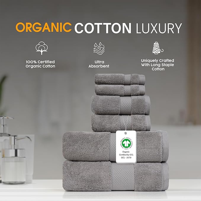 Farm to Home 100% Organic Christmas Bath Towel Set of 6 – GOTS & Oeko-TEX Certified Organic Cotton, Soft, Ultra Absorbent, Quick Dry - Includes 2 Bath Towels, 2 Hand Towels, 2 Washcloths - Stone