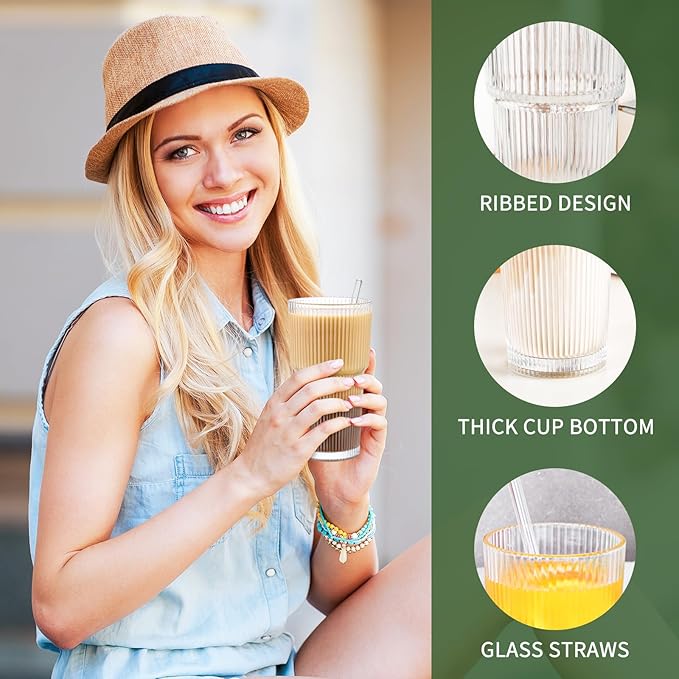 20 oz Glass Cup and Straw, Glass Tumbler with Straw, Vintage Glassware for Whiskey Cocktail Beer, Iced Coffee Cups (1 PACK)