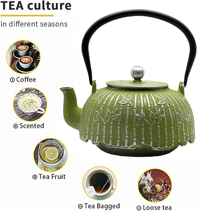 Tea Kettle, Japanese Cast Iron Teapot with Stainless Steel Infuser, Cast Iron Tea Kettle, Durable Teapot Coated with Enameled Interior (40.6oz Sage Green Bamboo Leaf Pattern)