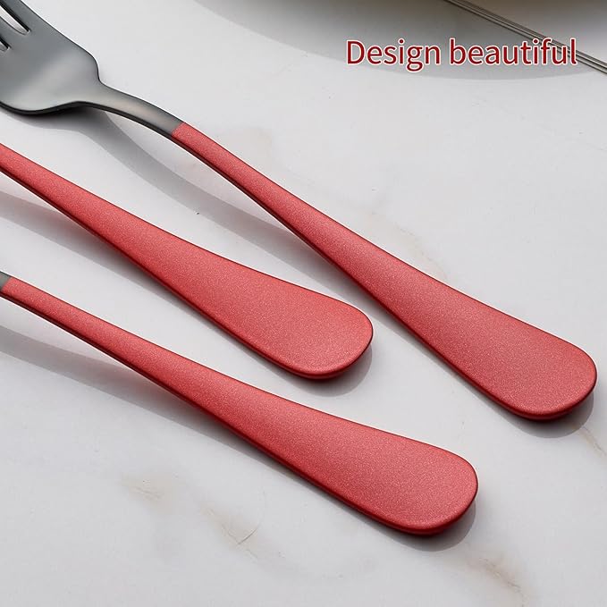 Black and Red Dinner Fork, 18/0 Red handle Stainless Steel Satin Finish 8.1-inch Silverware Flatware Fork Set, Set of 24, Dishwasher Safe