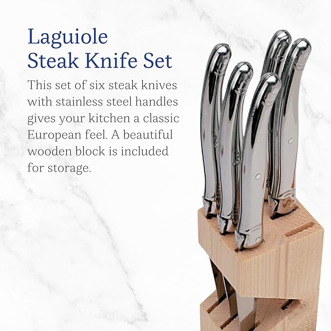 Jean Dubost JD16572 6 Steak Knives In a Wooden Block, Stainless Steel