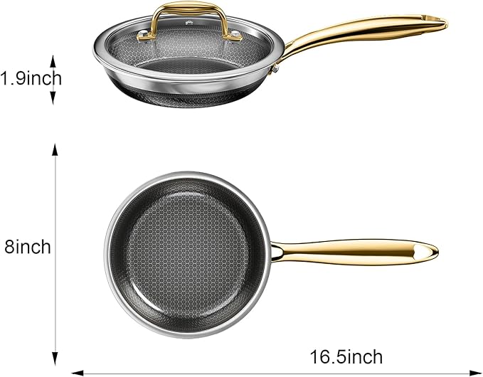 Fogdream 8” Stainless Steel Pan, Non Stick Frying Skillet with Lid, Tri-Ply Stainless Steel for All Cooktops, Dishwasher and Oven-Safe Cooking Pan, Stay-Cool Handle, Gold
