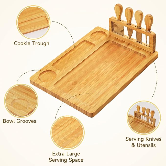 Bamboo charcuterie boards Gift Set - Serving Meat Cheese Board, Charcuterie Board Set with 4 Stainless Steel Cheese Knife, Ideal for House Warming Gifts New Home, Christmas, Bridal Shower Gift