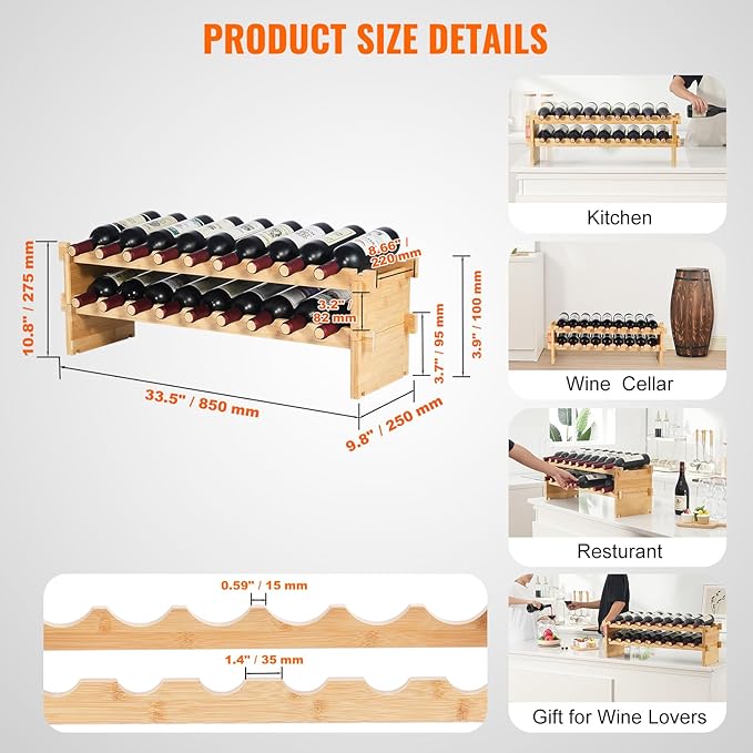 VEVOR 18 Bottle Stackable Modular Wine Rack, 2-Tier Solid Bamboo Wood Storage Racks, Floor Freestanding Wines Holder Display Shelf, Wobble-Free Shelves for Kitchen, Bar, and Cellar (Natural Color)
