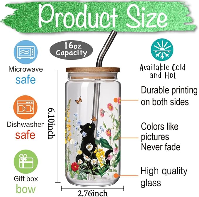 Black Cat Vintage Flowers Cute Glass Cup Gift for Women, Birthday Present for Mom, Girls, Best Friend, Bestie - Cat Lover Gifts for Her, Christmas Cup