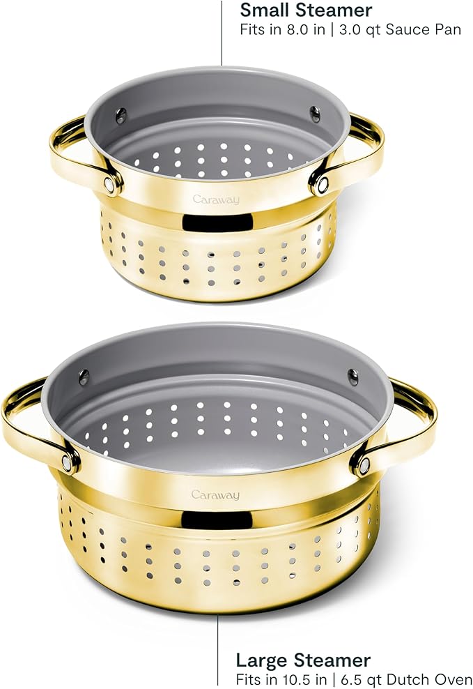 Caraway Steamer - Stainless Steel Steamer with Handles - Non Stick, Non Toxic Coating - Steam Veggies, Seafood, and More - Compatible With Our Dutch Oven or Sauce Pan - Large, 6.5qt - Gold