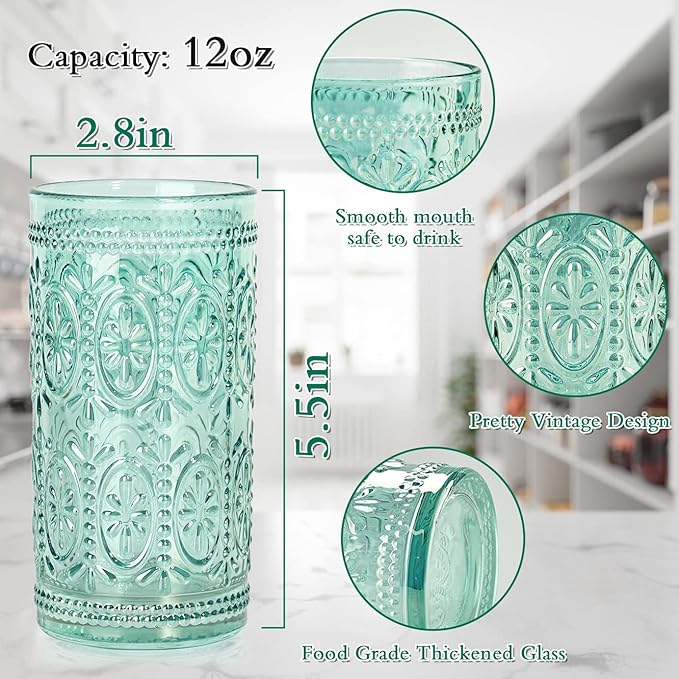 6 Pack Highball Embossed Beverage Glass Cup, 12oz Green Glassware Drinking, Vintage Drinking Glasses, Colored Water Glasses for Party Wedding Home Office and Gift