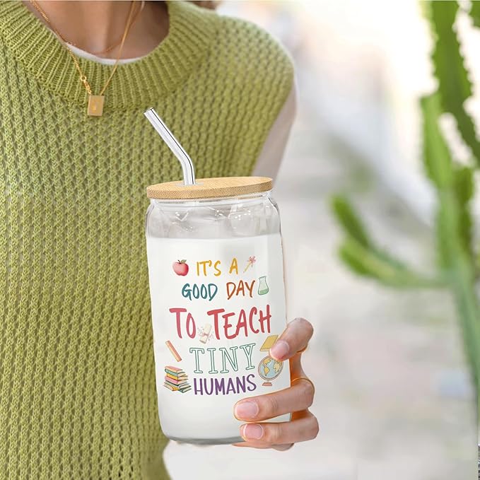 Kindergarten Teacher Glass Cup with Lids and Straws 14oz, Teacher Appreciation Gifts, Best Teachers Gifts for Women Glass Iced Coffee Tumbler Drinking Jars with Cleaning Brush