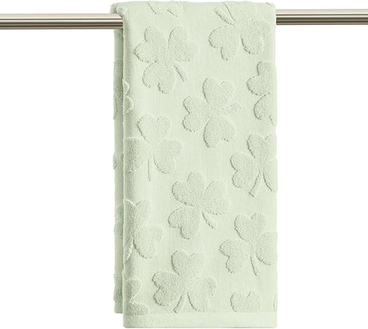 Artoid Mode 1 Pc Light Green 3D Shamrock Jacquard Patrick Hand Towels for Bathroom, 100% Cotton Soft Absorbent Bathroom Decor Towels, 13.7 x 29.5 Inch