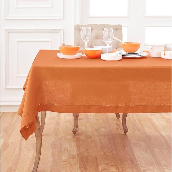 Solino Home Linen Tablecloth 60 x 132 Inch - Classic Hemstitch 100% Pure Linen Pumpkin Table Cloth for Rectangle Tables - Machine Washable Tablecloth