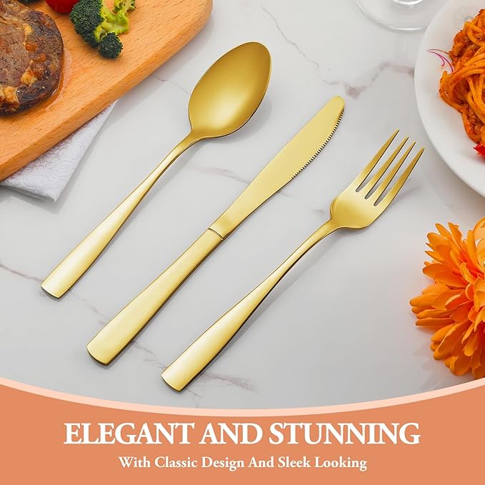 20 Pcs Gold Silverware Set, Stainless Steel Flatware Set for 4, Food-Grade Cutlery Set, Mirror Polished Tableware Eating Utensils Set for Home Kitchen, Include Knife Fork Spoon Set, Dishwasher Safe