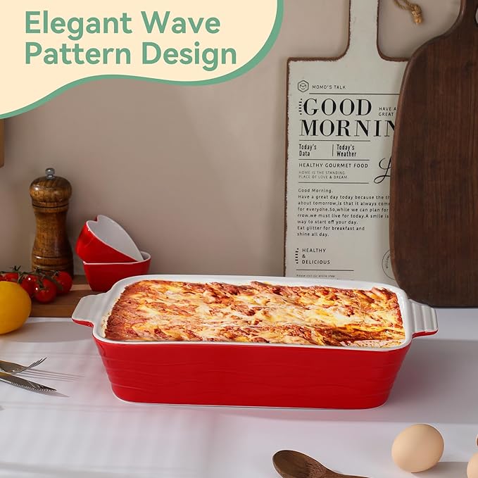 Baking Dish for Oven Ceramic Lasagna Pan 9×12.8 Inch Casserole Dishes Bakeware Set With Ramekin Large Deep Baking Dishes Rectangular Non-Stick Baking Pans for Kitchen Baking and Roasting Red