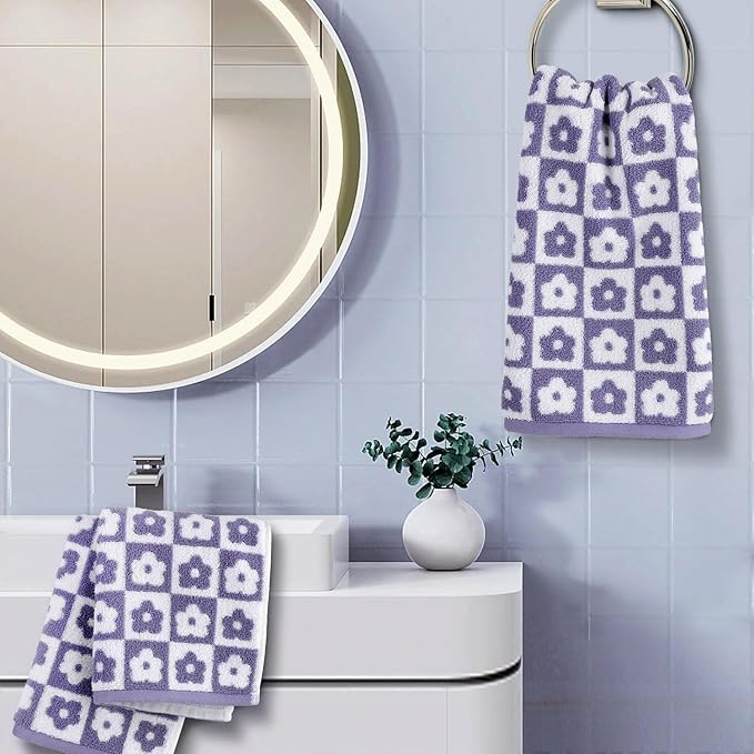 Jacquotha Cotton Hand Towels Lilac Checkered Floral - Quick Drying Hand Towel Set of 4, for Women Girls Bathroom Decor, 29” x 13”