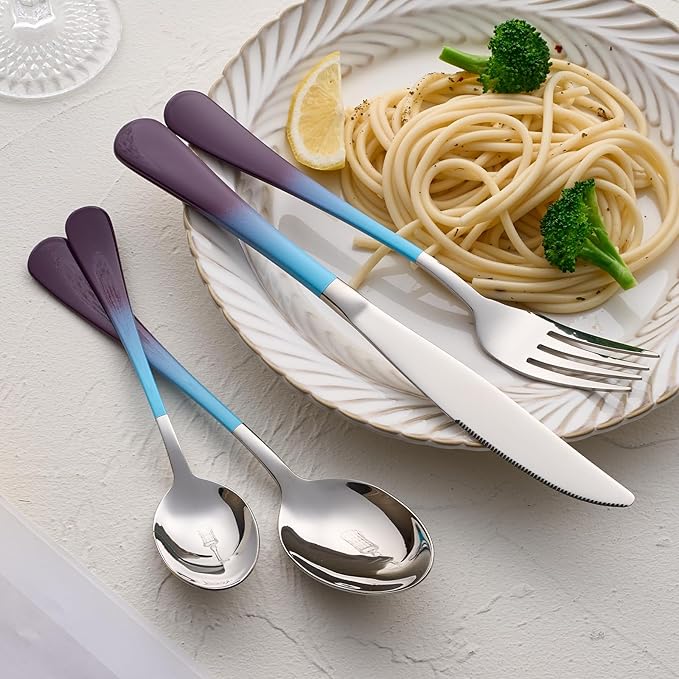 20-Pieces Color Silverware Set for 4,Blue and Purple Handle Stainless Steel Cutlery Set, Include Forks Spoons and Knives Set, Dishwasher Safe Utensil Sets for Home Restaurant