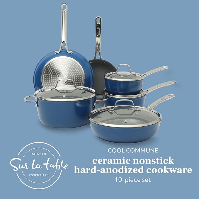 Sur La Table Kitchen Essentials Cool Commune Hard Anodized 10 Piece PFA Free Ceramic Non stick Interior Forged Durable Aluminum Pots and Pans Cookware Set - Blue - Induction Compatible