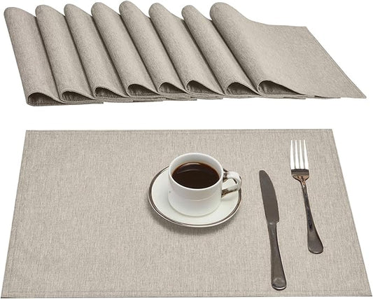 Cloth Place Mats Set of 8–Reusable Rectangular Waterproof Fabric Polyester Washable Wipeable Heat Resistant Linen for Kitchen Dining Dinner Restaurant Wedding Table(Flaxen/13x19 Inch)