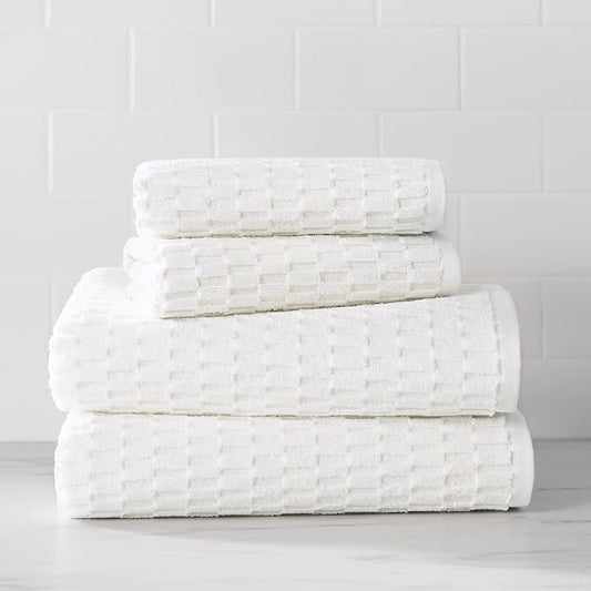 DKNY Metro Tile Quick Dry 100% Cotton Towel Set for Bathroom – 2 Bath, 2 Hand, Zero Twist, Absorbent, Supremely Soft, 550 GSM, 4 Piece, White