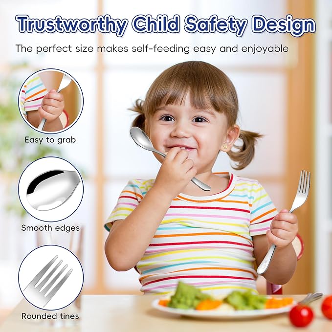 12 Pieces Stainless Steel Toddler Utensils Set - Food Grade Kids Silverware Set Children Safe Small Forks and Spoons Mirror Polished Sturdy and Durable Dishwasher Safe