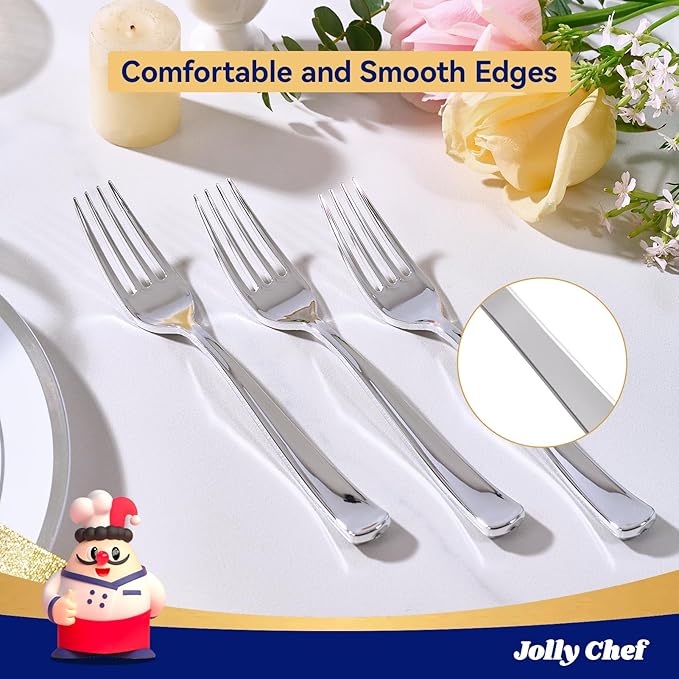 125 Count Silver Plastic Disposable Forks Heavy Duty, 7.28 Inch Heat Resistant Durable Silver Dinner Forks for Parties, Wedding, Daily Events
