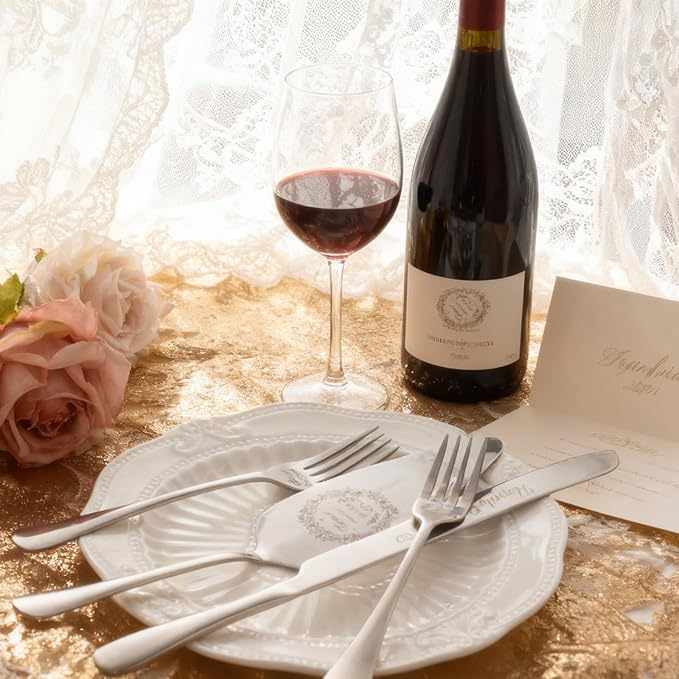 4 Piece Wedding Cake Cutting Set, Knife and Server with Forks, Elegant Wedding Cake Knife and Server Set for Bride and Groom(Silver)