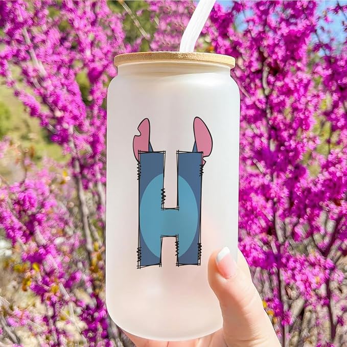 Cute Cartoon Lover Gifts Initial A-Z Personalized Iced Coffee Cup Cartoon Merch 16oz Glass Cup with Lid and Straws Birthday Christmas Gifts for Women Teen Girls Fans (Letter H)