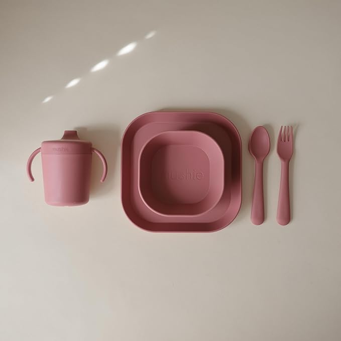 mushie Square Dinnerware Plates for Kids | Made in Denmark, Set of 2 (Dusty Rose)