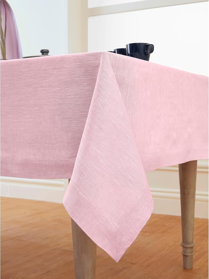 Solino Home Linen Tablecloth 60 x 108 Inch - 100% Pure Linen Bubblegum Pink Table Cloth for Rectangle Tables - Athena, Machine Washable Tablecloth for Christmas