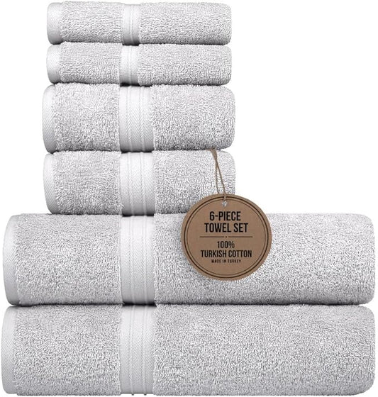 6 Piece Home Towel Set - Cozy & 100% Cotton - Hotel Quality, Soft, Thick, Contain 2 Bathroom Towel (28" x 56"), 2 Bath Hand Towel (16"x28") and 2 Washcloths (12"x12") - Silver Gray