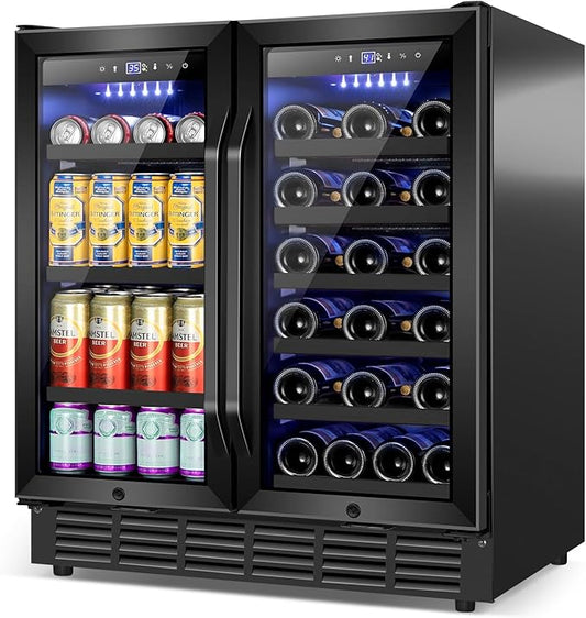 30 Inch Wine and Beverage Refrigerator Black- Dual Zone Beverage Fridge Under Counter/Freestanding Drink and Beer Fridge Built-In Home Kitchen Bar or Office