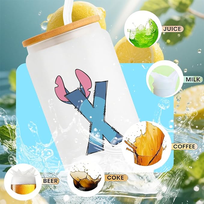 Cute Cartoon Lover Gifts Initial A-Z Personalized Iced Coffee Cup Cartoon Merch 16oz Glass Cup with Lid and Straws Birthday Christmas Gifts for Women Teen Girls Fans (Letter X)