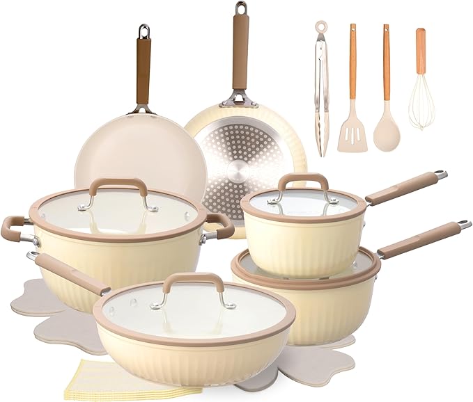 22Pcs Pots and Pans Set Non Stick, Ceramic Nonstick Cookware Set, Kitchen Induction Pots and Pans Cooking Set with Stay Cool Handles, without PFOA, PTFE or PFAS, Cream Yellow