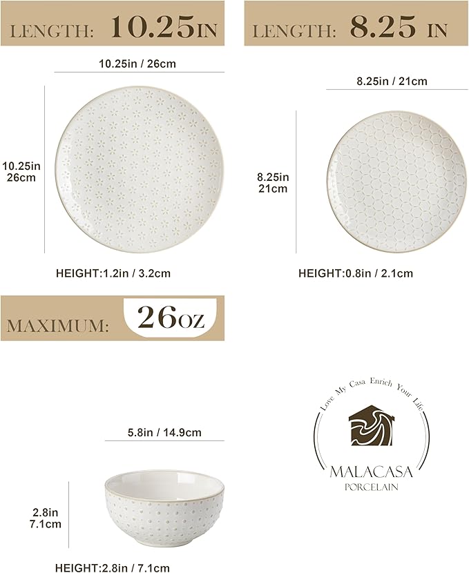 MALACASA 24 Piece Dinnerware Set, Embossed Ceramic Dish Sets Service for 8, Plates and Bowls Set, Durable Stoneware Tableware for Family Dinners, Dishwasher & Microwave Safe
