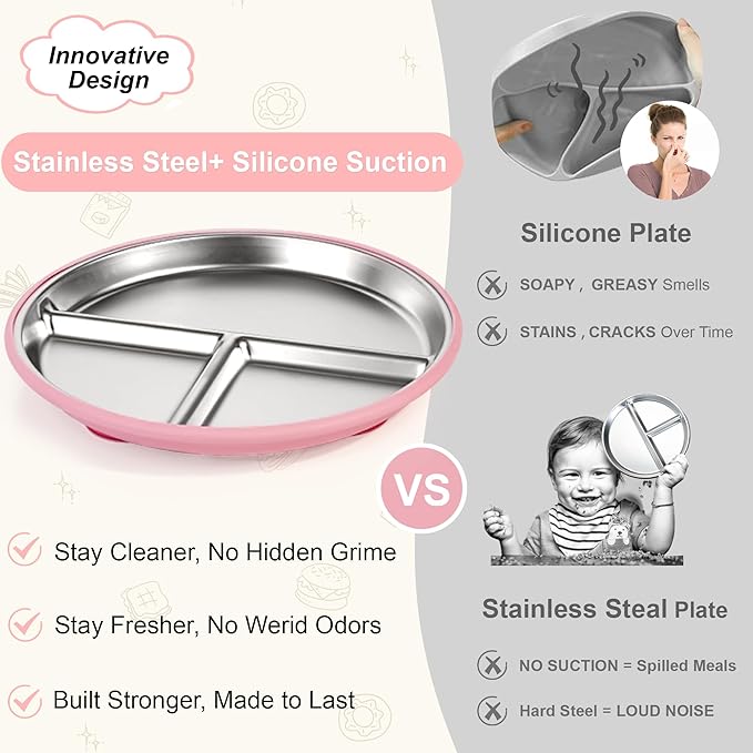 Bella's Friends Stainless Steel Toddler Plates Silicone Suction,3 Packs Non-Slip Baby Plates,Divided Portion,Food-Grade Silicone Plate for Kids,LEAD-FREE Dishwasher Safe,Grey Mint Green Pink