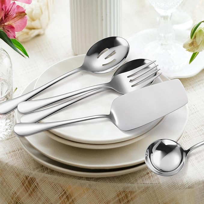 Serving Utensils 7 Pieces Stainless Steel Flatware include Cake Knife Server Large Spoon Spatula Big Fork Pefect For Festival Parties Buffet Catering Silverware