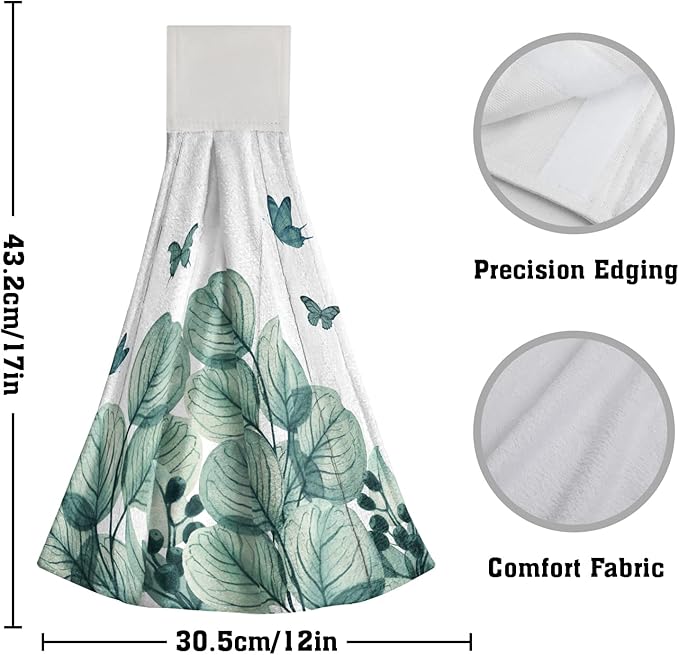 Green Leaf Hand Towels Eucalyptus Plant Hanging Kitchen Towels 2 Pcs Soft Dish Cloth with Loop Tie Towels for Bathroom Laundry Gym