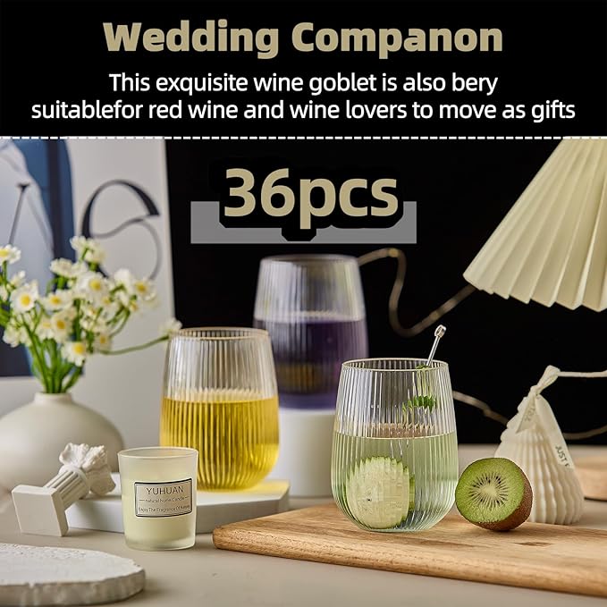 36 Pack Plastic Ribbed Wine Glasses, 15Oz Origami Disposable Wine Glasses Unbreakable Clear Plastic Cocktail Glasses Recyclable Shatterproof Reusable Wine Cups