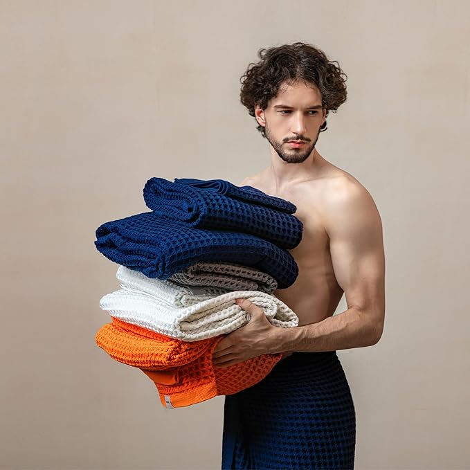 Luxury Organic Japanese Cotton Waffle Bath Towel | Thick, Absorbent, Quick Dry Bathroom Towels for Shower, Sauna, Onsen| Hotel & Spa Quality, Gift-Ready (Ocean Blue, Face Towel (6 Pack))