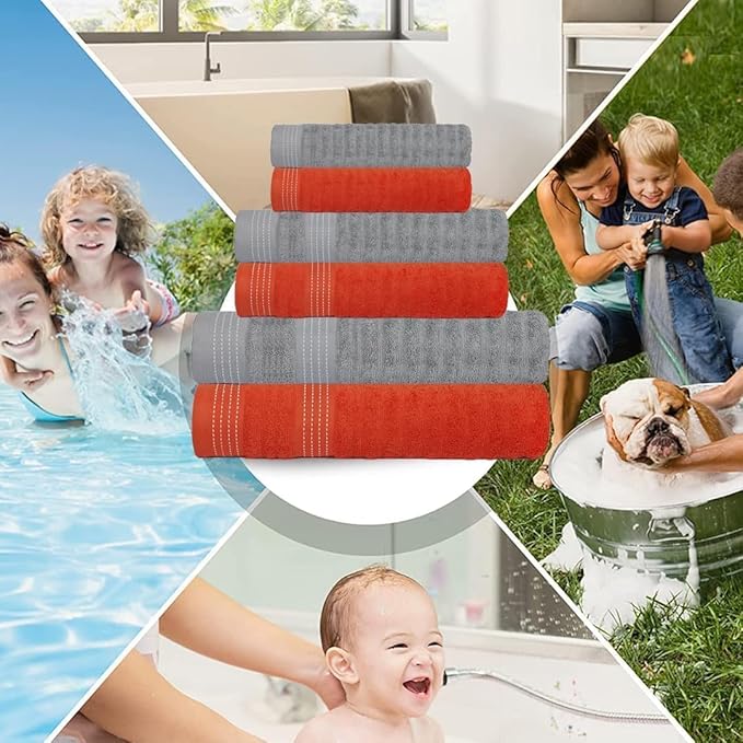 CASA COPENHAGEN Elegance 6 Pieces Towel Set- Orange + Grey Violet, 550 GSM 2 Bath Towel 2 Hand Towel 2 Washcloth, Designed in Denmark Made of Soft Egyptian Cotton for Bathroom, Kitchen & Shower