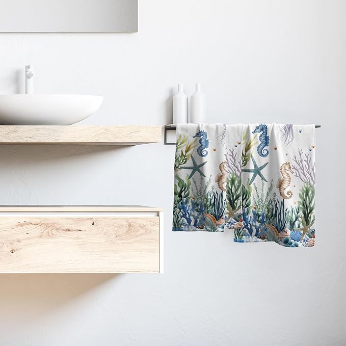 Imiss Nautical Coastal Hand Towels Coral Starfish Seashell Kitchen Towels 14.4 x 28.3 Inch Sea Themed Dishcloth Summer Beach Decorative Washcloth for Face Yoga Gym Spa